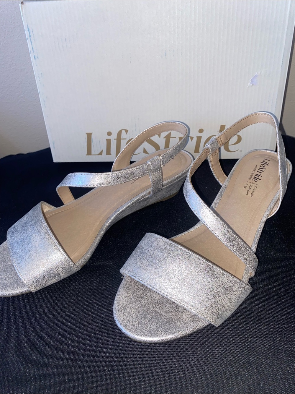 Life Stride Metallic Silver Low Wedge “Yasmine” Slingback Sandals